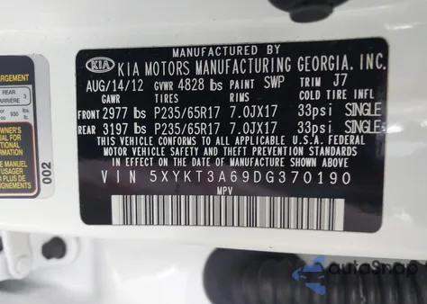 2013 Kia Sorento Lx from USA, damaged, VIN 5XYKT3A69DG370190